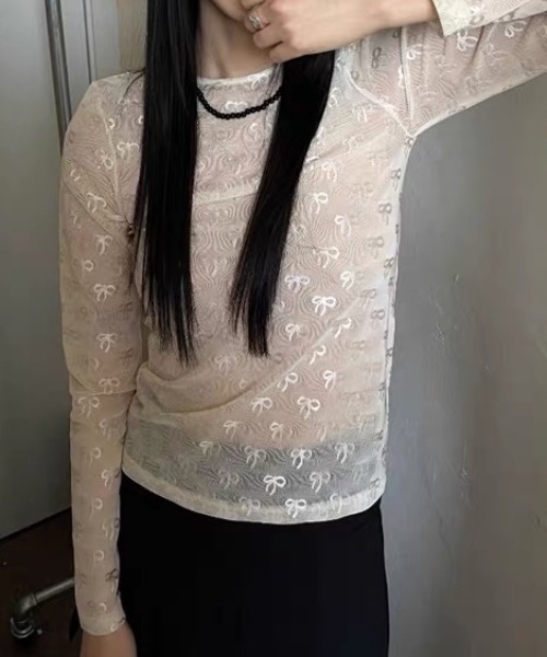 ampm(エーエムピーエム)の「リボン柄シアー ロングスリーブトップス(Tシャツ/カットソー・レディース・ブラック/ホワイト・FREE)」の15枚目の写真
