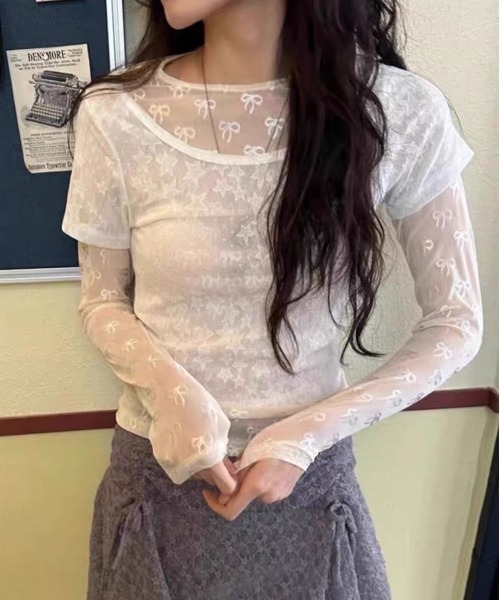 ampm(エーエムピーエム)の「リボン柄シアー ロングスリーブトップス(Tシャツ/カットソー・レディース・ブラック/ホワイト・FREE)」の19枚目の写真