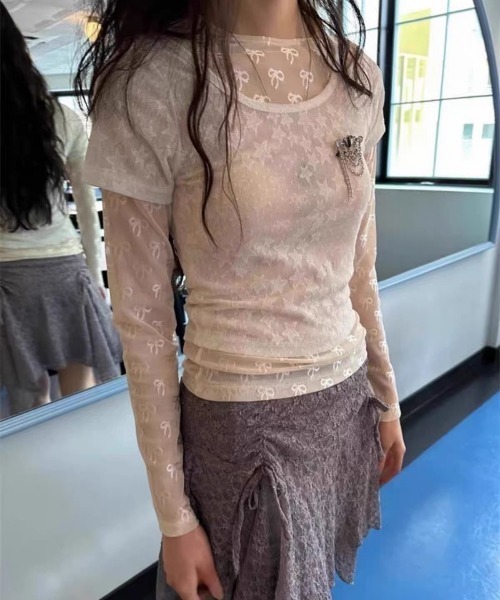 ampm(エーエムピーエム)の「リボン柄シアー ロングスリーブトップス(Tシャツ/カットソー・レディース・ブラック/ホワイト・FREE)」の21枚目の写真