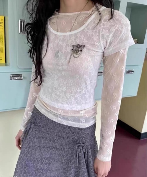 ampm(エーエムピーエム)の「リボン柄シアー ロングスリーブトップス(Tシャツ/カットソー・レディース・ブラック/ホワイト・FREE)」の22枚目の写真