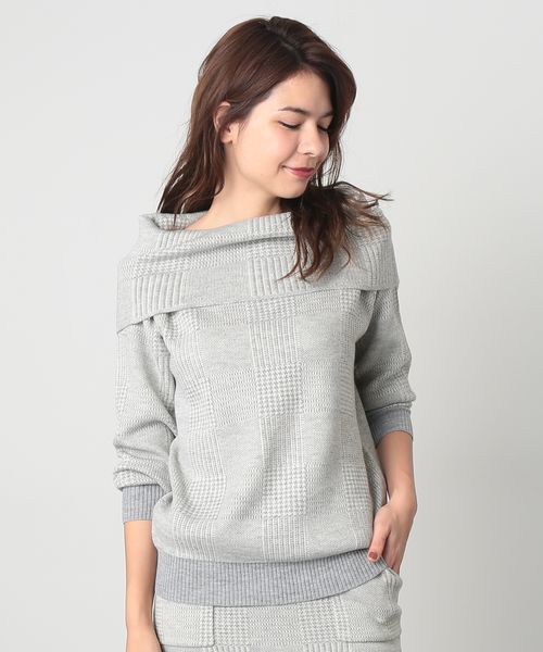 VIS（ビス）の「【セットアップ対応商品】グレンチェックジャカードオフショルダープルオーバー（ニット/セーター・レディース・ライトグレー/ブラック系その他・F）」の2枚目の写真