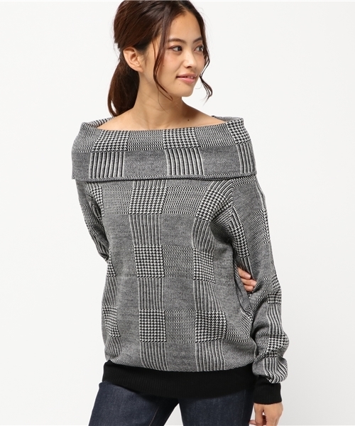 VIS（ビス）の「【セットアップ対応商品】グレンチェックジャカードオフショルダープルオーバー（ニット/セーター・レディース・ライトグレー/ブラック系その他・F）」の9枚目の写真