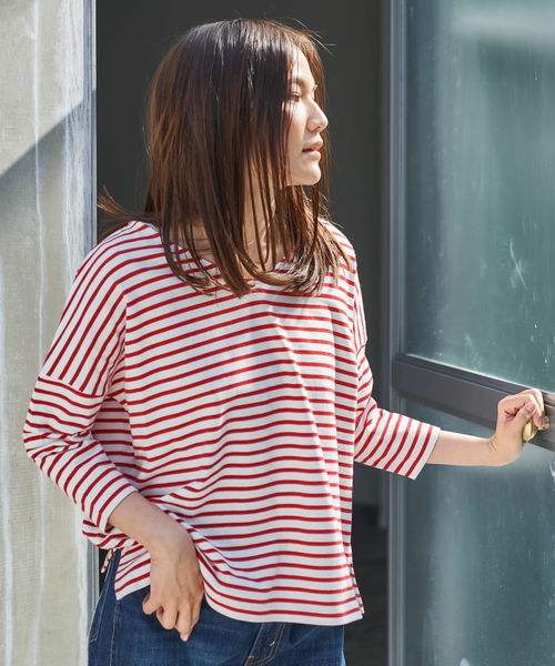 AMERICAN HOLIC(アメリカンホリック)の「・ボーダードロップショルダー長袖プルオーバー(Tシャツ/カットソー・レディース・ネイビー/レッド/グリーン/杢グレー/ブラック/ピンク・FREE)」の6枚目の写真