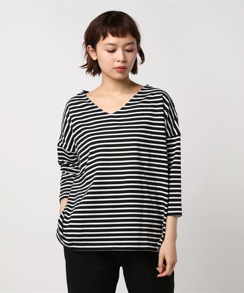 AMERICAN HOLIC(アメリカンホリック)の「・ボーダードロップショルダー長袖プルオーバー(Tシャツ/カットソー・レディース・ネイビー/レッド/グリーン/杢グレー/ブラック/ピンク・FREE)」の2枚目の写真