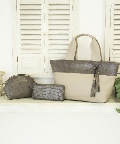 Ungrid（アングリッド）の「【Ungrid/アングリッド】　クロコ風型押しバッグ・ポーチ・サイフ　スペシャル3点SET（トートバッグ・レディース・ブラック/ベージュ/グレー・FREE）」の2枚目の写真