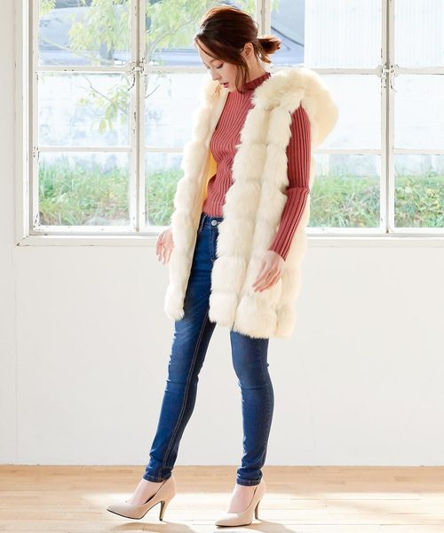 KOBE LETTUCE（コウベレタス）の「フード付きエコファーロングベスト＊レディース/アウター/ジレ[K774]神戸レタス（ベスト・レディース・ライトグレー/ブラック/ベージュ/アイボリー・FREE）」の10枚目の写真