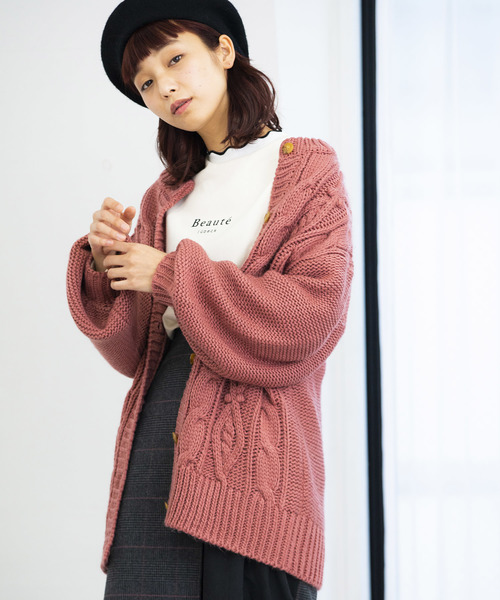 WEGO（ウィゴー）の「WEGO/ケーブルミドルカーディガン（カーディガン/ボレロ・レディース・ピンク/ライトブラウン/ライトベージュ・FREE）」の3枚目の写真