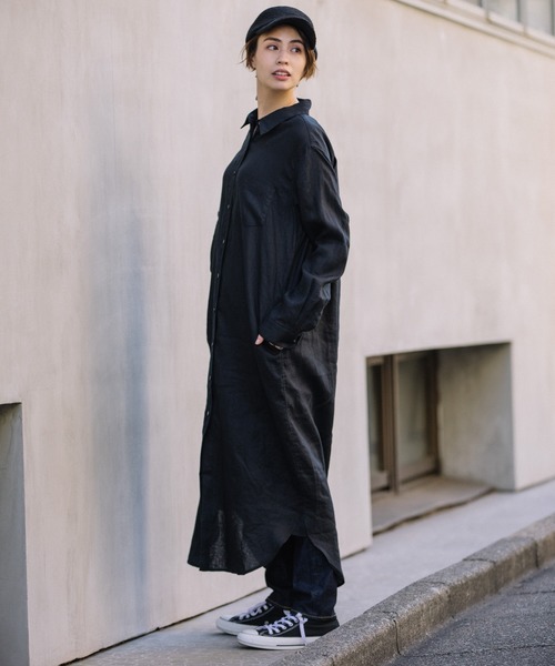 Munich（ミューニック）の「40ｓフレンチリネンマキシシャツワンピース(リゾート マキシワンピース)（シャツワンピース・レディース・オフホワイト/ラベンダー/キャメル/ネイビー×ホワイト/ブラック/ブラウン/ナチュラル・FREE）」の14枚目の写真