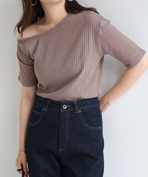 ワイドリブ半袖アシメネックTシャツ