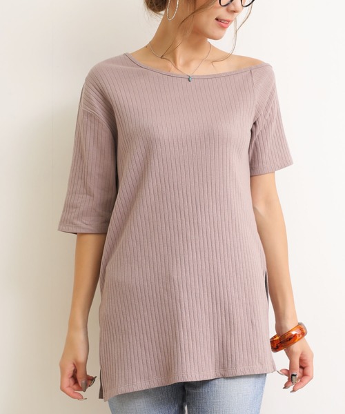 andme(アンドミー)の「ワイドリブ半袖アシメネックTシャツ(Tシャツ/カットソー・レディース・キナリ/モカ/ピンク/ブラック/オフホワイト・M)」の6枚目の写真
