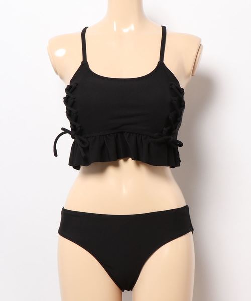 LEAD（リード）の「無地レースアップフリル水着3点セット（水着・レディース・ブラック/ブラウン/ライトベージュ・M）」の4枚目の写真