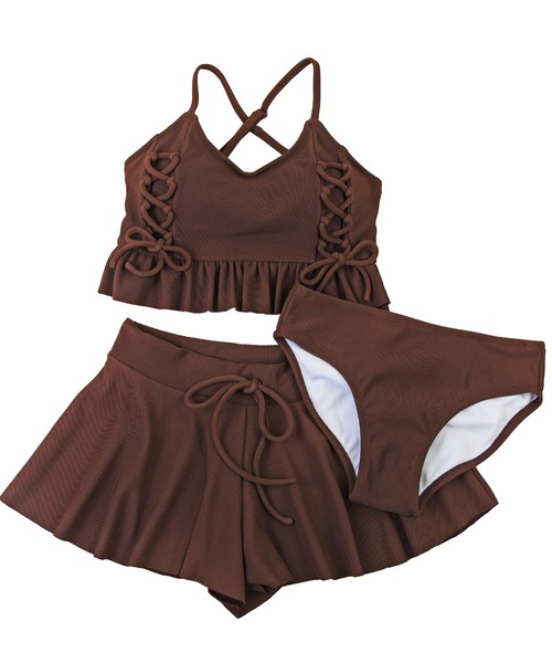 LEAD（リード）の「無地レースアップフリル水着3点セット（水着・レディース・ブラック/ブラウン/ライトベージュ・M）」の15枚目の写真