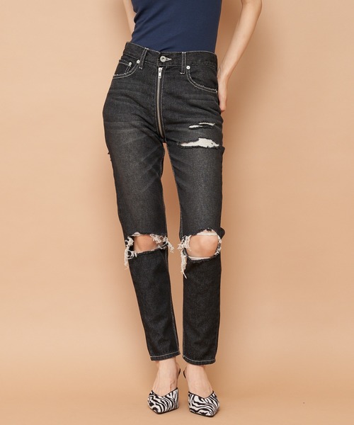 SPIRALGIRL(スパイラルガール)の「フルジップダメージデニムパンツ(デニムパンツ・レディース・ライトブルー/ブラック・SMALL/MEDIUM)」の8枚目の写真