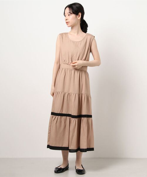 Allamanda（アラマンダ）の「配色リボンティアード麻調／ワンピース（ワンピース・レディース・ベージュ/グレー系その他/アイボリー/ブラック系その他2・M）」の4枚目の写真