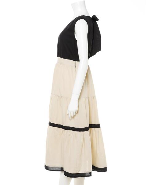 Allamanda（アラマンダ）の「配色リボンティアード麻調／ワンピース（ワンピース・レディース・ベージュ/グレー系その他/アイボリー/ブラック系その他2・M）」の6枚目の写真