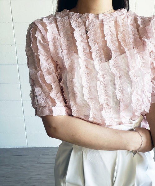 me+em select（ミームセレクト）の「シースルーチュールフリルブラウス（シャツ/ブラウス・レディース・ブルー/ホワイト/グリーン/ピンク・FREE）」の4枚目の写真