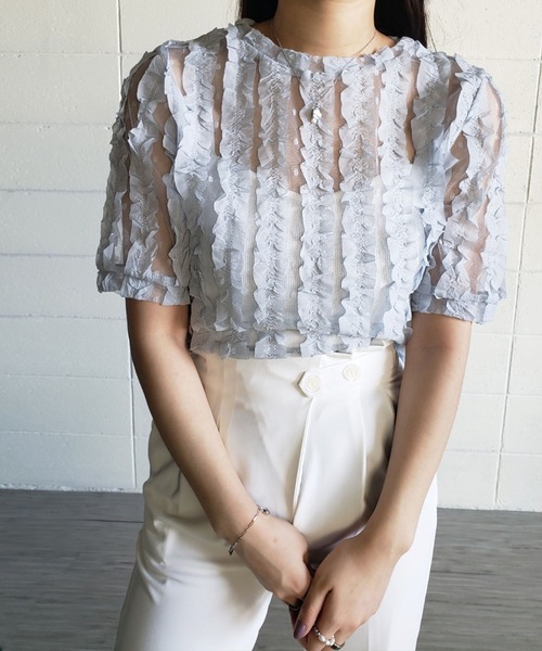 me+em select（ミームセレクト）の「シースルーチュールフリルブラウス（シャツ/ブラウス・レディース・ブルー/ホワイト/グリーン/ピンク・FREE）」の3枚目の写真