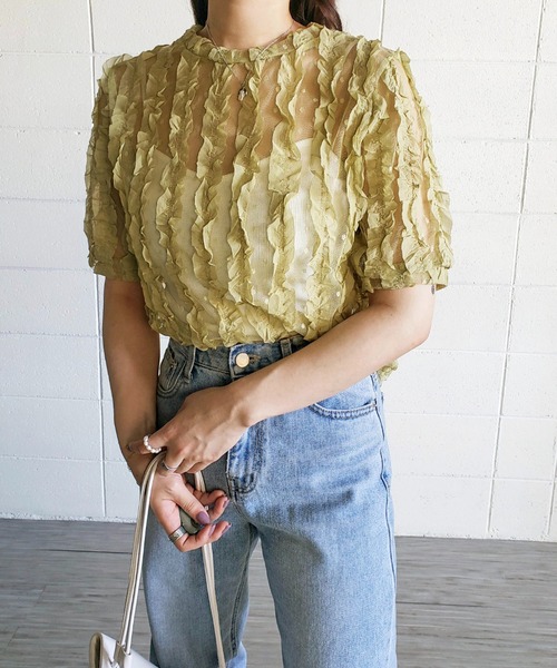 me+em select（ミームセレクト）の「シースルーチュールフリルブラウス（シャツ/ブラウス・レディース・ブルー/ホワイト/グリーン/ピンク・FREE）」の2枚目の写真