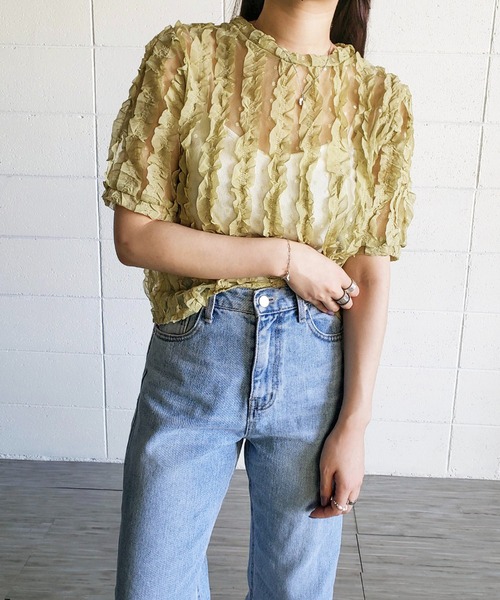 me+em select（ミームセレクト）の「シースルーチュールフリルブラウス（シャツ/ブラウス・レディース・ブルー/ホワイト/グリーン/ピンク・FREE）」の10枚目の写真