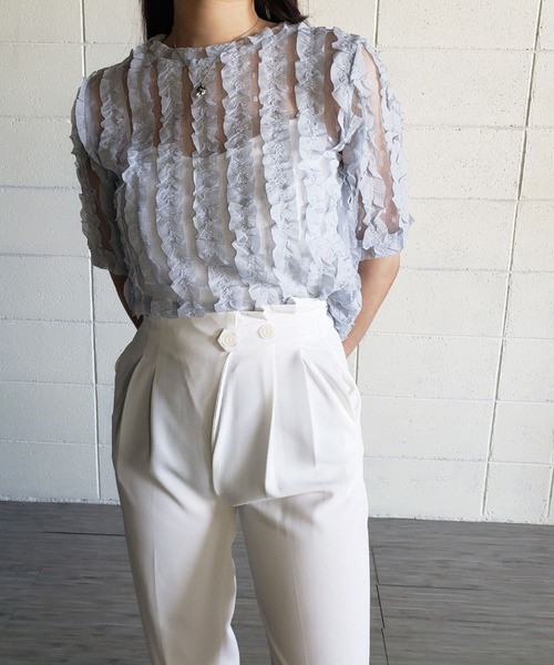 me+em select（ミームセレクト）の「シースルーチュールフリルブラウス（シャツ/ブラウス・レディース・ブルー/ホワイト/グリーン/ピンク・FREE）」の15枚目の写真