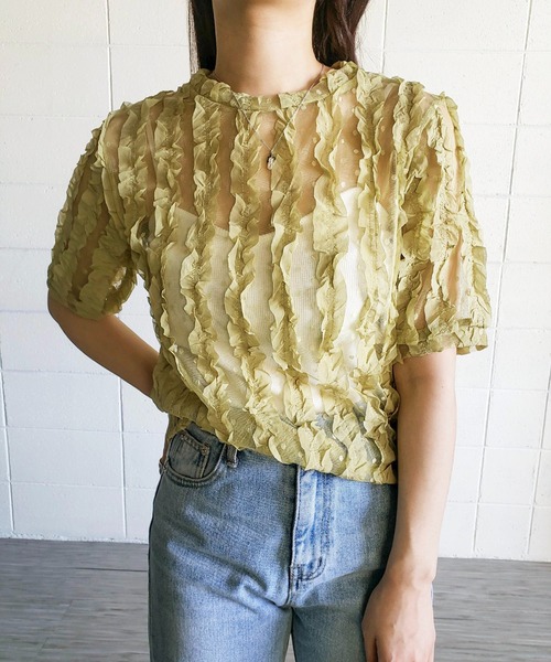 me+em select（ミームセレクト）の「シースルーチュールフリルブラウス（シャツ/ブラウス・レディース・ブルー/ホワイト/グリーン/ピンク・FREE）」の12枚目の写真