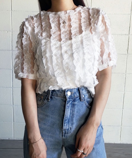 me+em select（ミームセレクト）の「シースルーチュールフリルブラウス（シャツ/ブラウス・レディース・ブルー/ホワイト/グリーン/ピンク・FREE）」の5枚目の写真