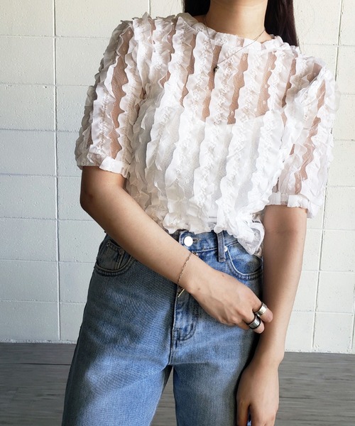 me+em select（ミームセレクト）の「シースルーチュールフリルブラウス（シャツ/ブラウス・レディース・ブルー/ホワイト/グリーン/ピンク・FREE）」の6枚目の写真