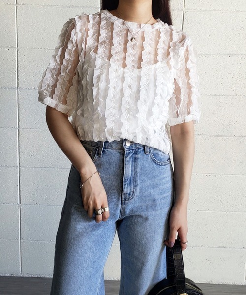 me+em select（ミームセレクト）の「シースルーチュールフリルブラウス（シャツ/ブラウス・レディース・ブルー/ホワイト/グリーン/ピンク・FREE）」の8枚目の写真