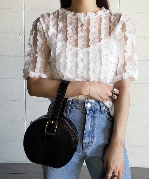 me+em select（ミームセレクト）の「シースルーチュールフリルブラウス（シャツ/ブラウス・レディース・ブルー/ホワイト/グリーン/ピンク・FREE）」の7枚目の写真