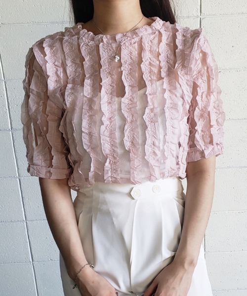 me+em select（ミームセレクト）の「シースルーチュールフリルブラウス（シャツ/ブラウス・レディース・ブルー/ホワイト/グリーン/ピンク・FREE）」の18枚目の写真