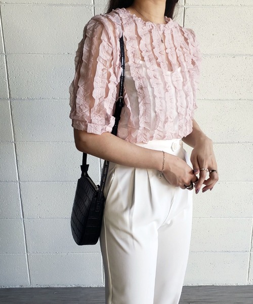 me+em select（ミームセレクト）の「シースルーチュールフリルブラウス（シャツ/ブラウス・レディース・ブルー/ホワイト/グリーン/ピンク・FREE）」の19枚目の写真