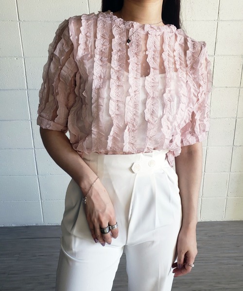 me+em select（ミームセレクト）の「シースルーチュールフリルブラウス（シャツ/ブラウス・レディース・ブルー/ホワイト/グリーン/ピンク・FREE）」の21枚目の写真