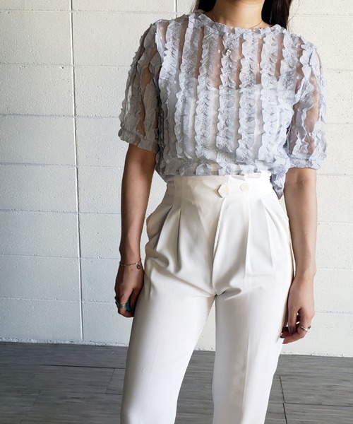 me+em select（ミームセレクト）の「シースルーチュールフリルブラウス（シャツ/ブラウス・レディース・ブルー/ホワイト/グリーン/ピンク・FREE）」の16枚目の写真