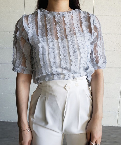 me+em select（ミームセレクト）の「シースルーチュールフリルブラウス（シャツ/ブラウス・レディース・ブルー/ホワイト/グリーン/ピンク・FREE）」の14枚目の写真