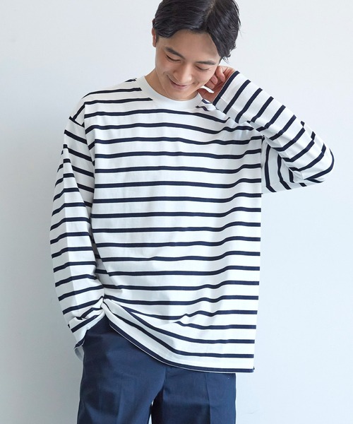 coca(coca)(コカ)の「メンズ ハリ感ボーダークルーネックTシャツ(Tシャツ/カットソー・メンズ・ホワイト/ブラック/ブラウン・S/M/L/XL)」の2枚目の写真