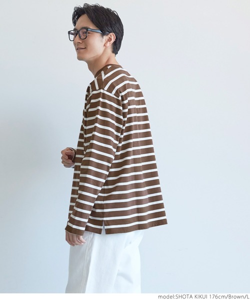 coca(coca)(コカ)の「メンズ ハリ感ボーダークルーネックTシャツ(Tシャツ/カットソー・メンズ・ホワイト/ブラック/ブラウン・S/M/L/XL)」の5枚目の写真
