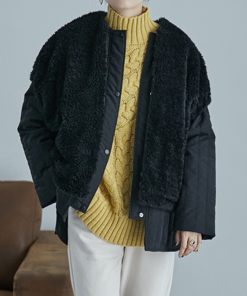 etoll.(エトル)の「3way コクーンボアベスト ラインキルトブルゾン セット(ブルゾン・レディース・ブラック/モカ/アイボリー/グレイッシュベージュ・M)」の2枚目の写真