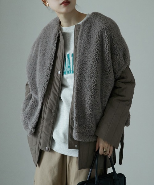 etoll.(エトル)の「3way コクーンボアベスト ラインキルトブルゾン セット(ブルゾン・レディース・ブラック/モカ/アイボリー/グレイッシュベージュ・M)」の3枚目の写真