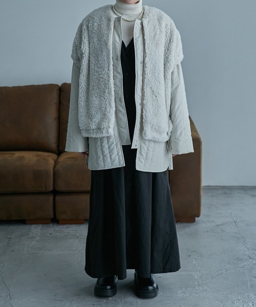 etoll.(エトル)の「3way コクーンボアベスト ラインキルトブルゾン セット(ブルゾン・レディース・ブラック/モカ/アイボリー/グレイッシュベージュ・M)」の18枚目の写真