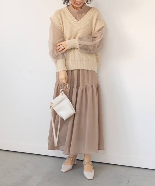 RANDA(ランダ)の「ニットトップスセットシフォンワンピース(ワンピース・レディース・ホワイト/ベージュ/ブラック・FREE)」の3枚目の写真