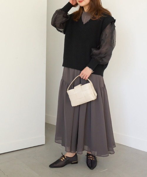 RANDA(ランダ)の「ニットトップスセットシフォンワンピース(ワンピース・レディース・ホワイト/ベージュ/ブラック・FREE)」の1枚目の写真