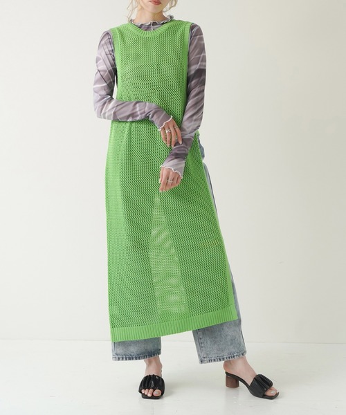 Lull（ルル）の「【Lull / ルル】サイドスリットメッシュニットワンピース（ワンピース・レディース・ホワイト/ブラック/ライム/イエロー/オレンジ・ONESIZE）」の6枚目の写真