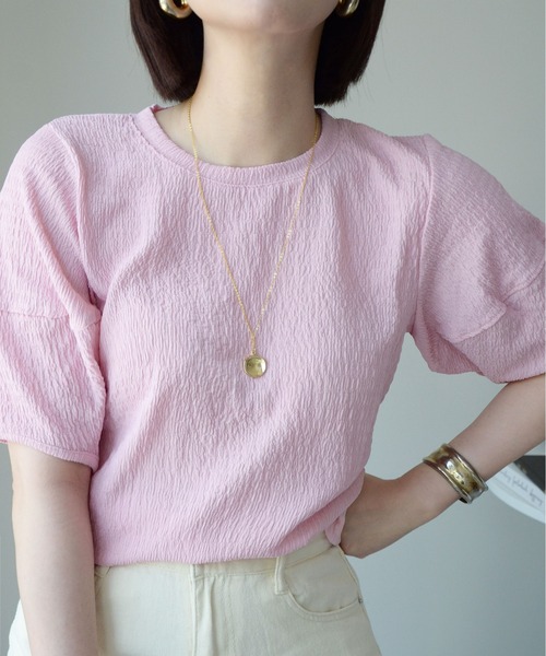 ibeul_（イベール）の「ワッフル半袖パフスリーブトップス（Tシャツ/カットソー・レディース・オリーブ/ピンク/ブルー/アイボリー・FREE）」の4枚目の写真