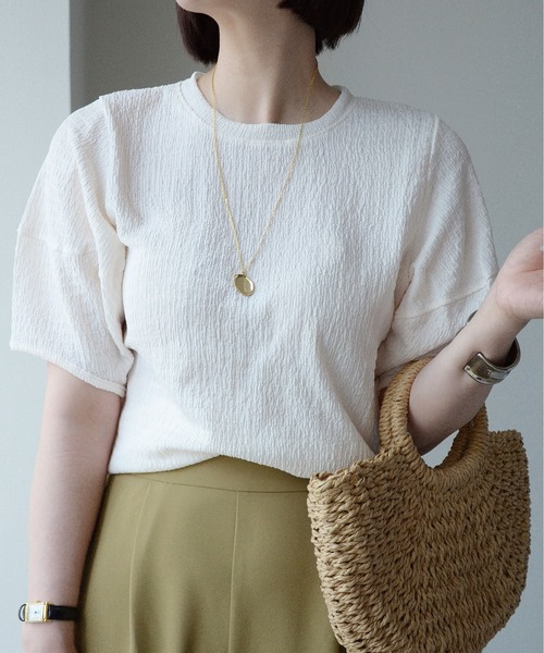 ibeul_（イベール）の「ワッフル半袖パフスリーブトップス（Tシャツ/カットソー・レディース・オリーブ/ピンク/ブルー/アイボリー・FREE）」の2枚目の写真