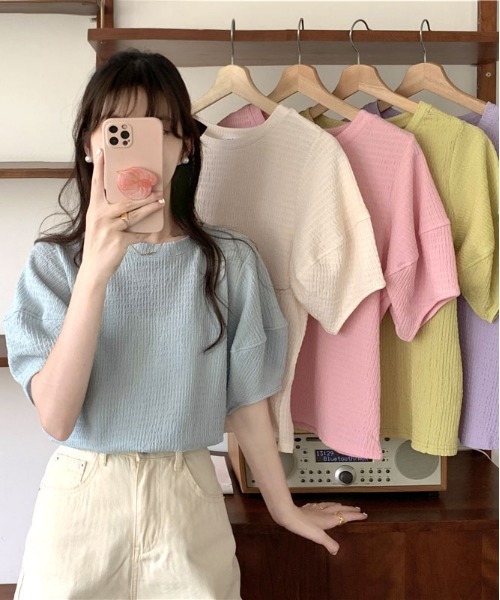 ibeul_（イベール）の「ワッフル半袖パフスリーブトップス（Tシャツ/カットソー・レディース・オリーブ/ピンク/ブルー/アイボリー・FREE）」の20枚目の写真