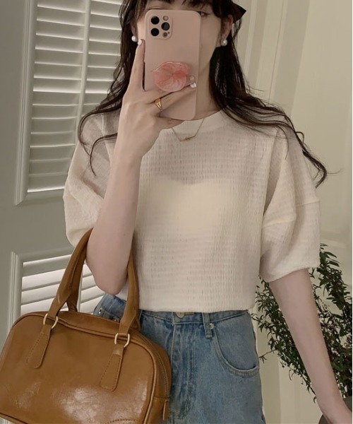 ibeul_（イベール）の「ワッフル半袖パフスリーブトップス（Tシャツ/カットソー・レディース・オリーブ/ピンク/ブルー/アイボリー・FREE）」の13枚目の写真