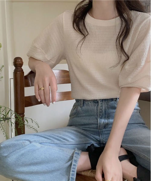 ibeul_（イベール）の「ワッフル半袖パフスリーブトップス（Tシャツ/カットソー・レディース・オリーブ/ピンク/ブルー/アイボリー・FREE）」の12枚目の写真