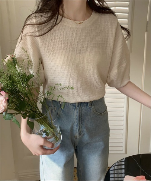 ibeul_（イベール）の「ワッフル半袖パフスリーブトップス（Tシャツ/カットソー・レディース・オリーブ/ピンク/ブルー/アイボリー・FREE）」の11枚目の写真