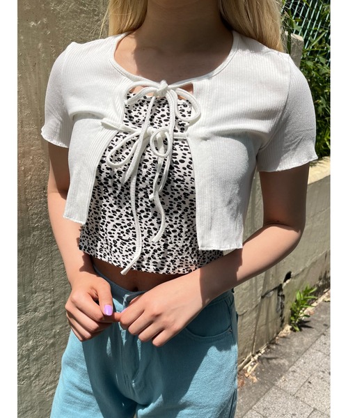 WC(ダブル シー)の「リボンカーデセットトップス(Tシャツ/カットソー・レディース・ブラック/ホワイト・FREE)」の1枚目の写真