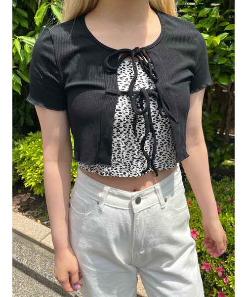 WC(ダブル シー)の「リボンカーデセットトップス(Tシャツ/カットソー・レディース・ブラック/ホワイト・FREE)」の2枚目の写真